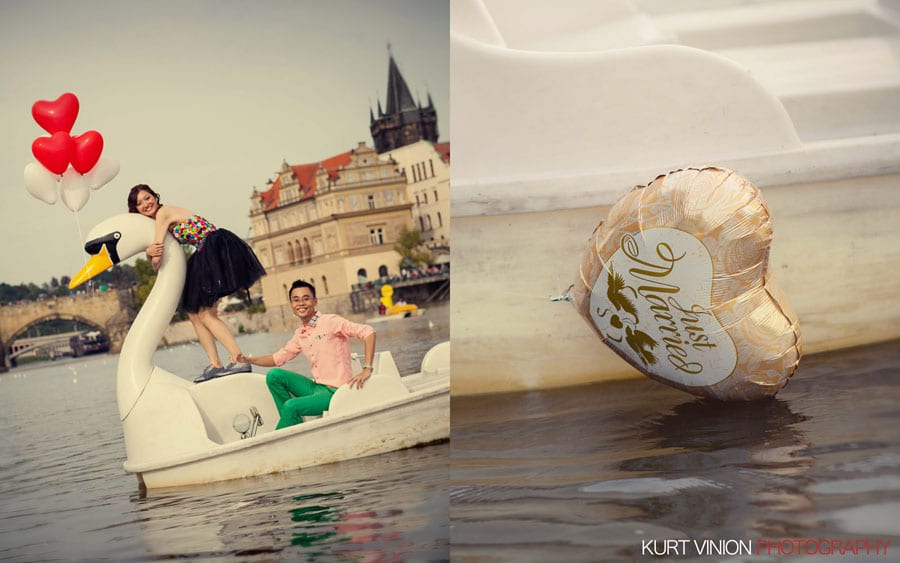 duck boat, young couple, designer dress, red & white balloons, Prague