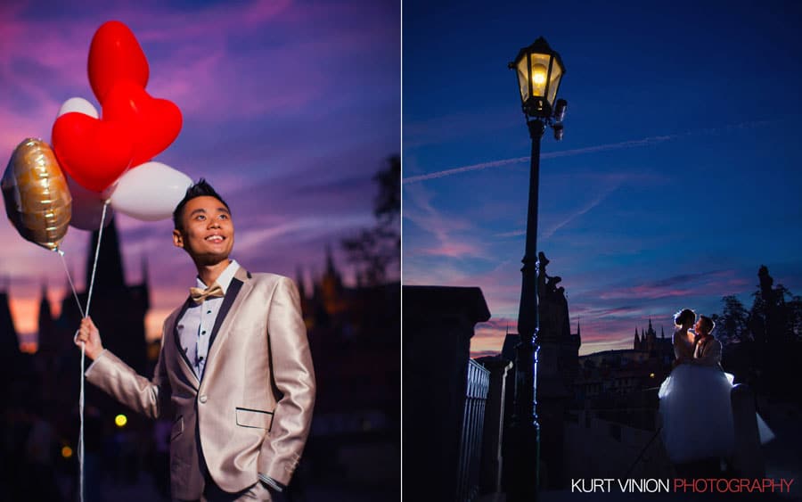 good looking guy, red & white balloons, Prague castle, Charles Bridge at night, gas lamps