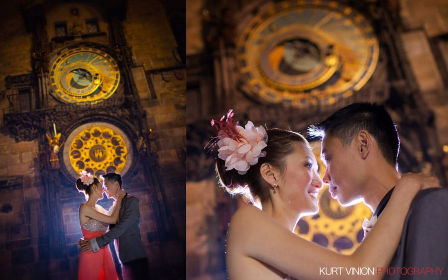 good looking couple, Prague, Astronomical Clock at night, couple portrait
