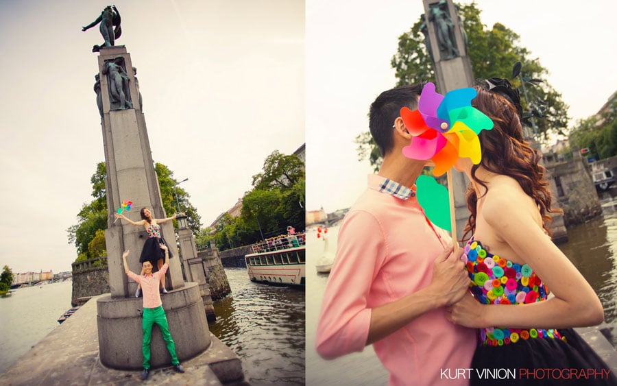 good looking couple, designer clothes, windmill, Prague, riverside, statues
