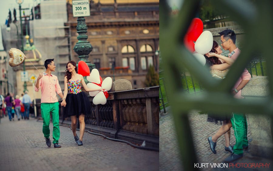 good looking couple, walking in Prague, holding hands, red & white balloons, 'Just Married', Prague