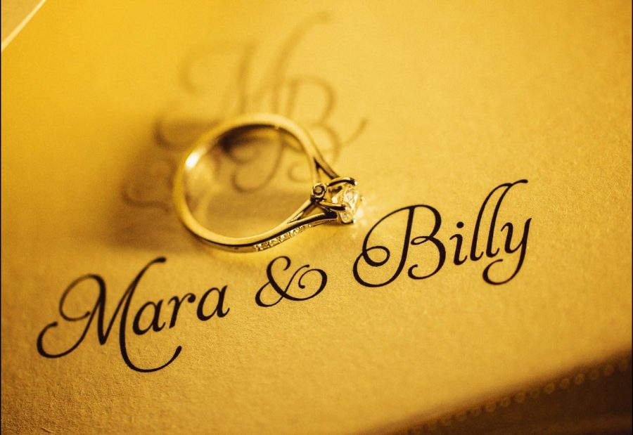 Irish wedding engagement ring detail embossed names
