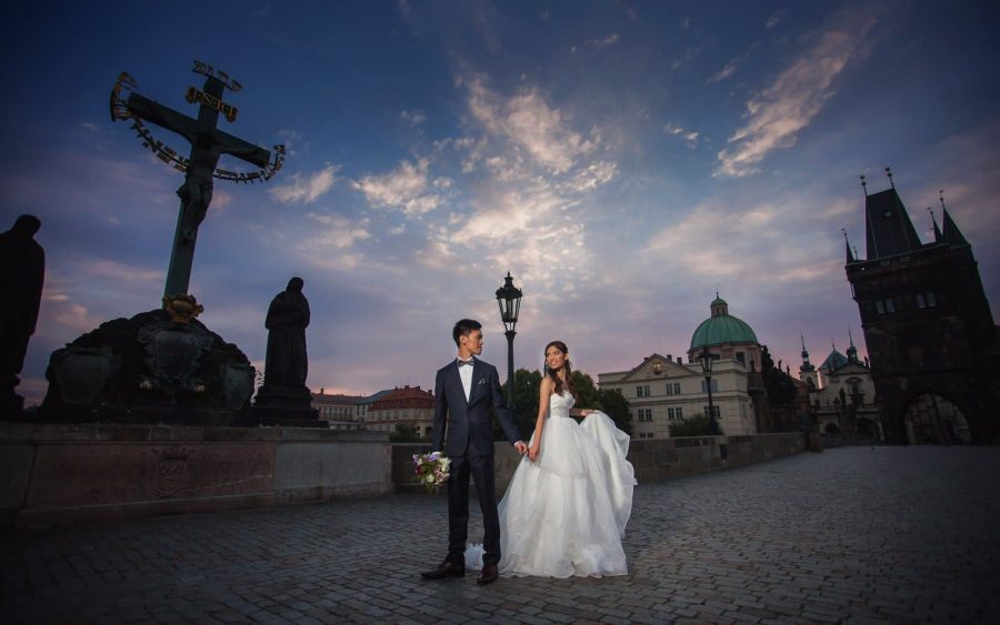 image of bride & groom, Charles Bridge, Prague, veil, couple portrait