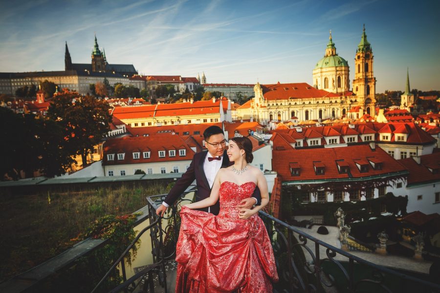 Prague Vrtba Garden, Prague Castle, red dress, happy young couple, tiara
