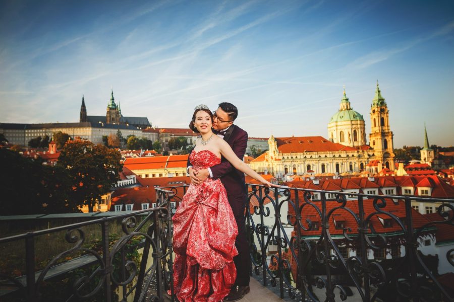 Prague Vrtba Garden, Prague Castle, red dress, embracing, happy young couple 