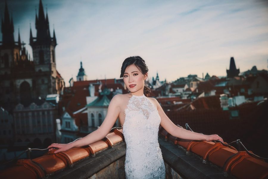 The very lovely bride to be posing for a very sultry photo atop the U Prince roof top terrace overlooking Old Town Square.