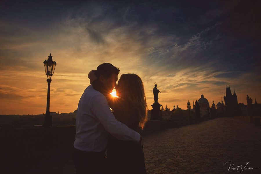 romantic sunrise engagement photo session in Prague